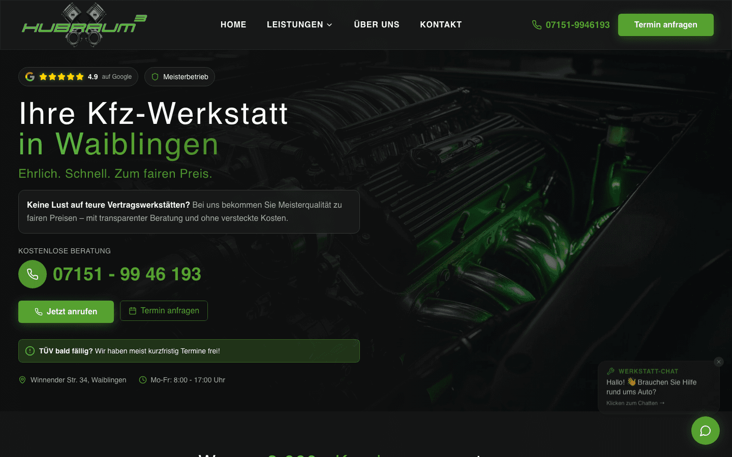 Hubraum KFZ – Website Screenshot